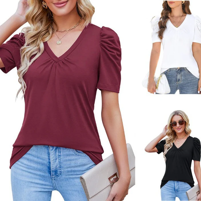 DEANWAQNGKT  Cross-Border European and American  Independent Station New Hot Sale Short-Sleeved T-shirt Solid Color Loose Top Foreign Trade Women's Clothing - Deanwangkt