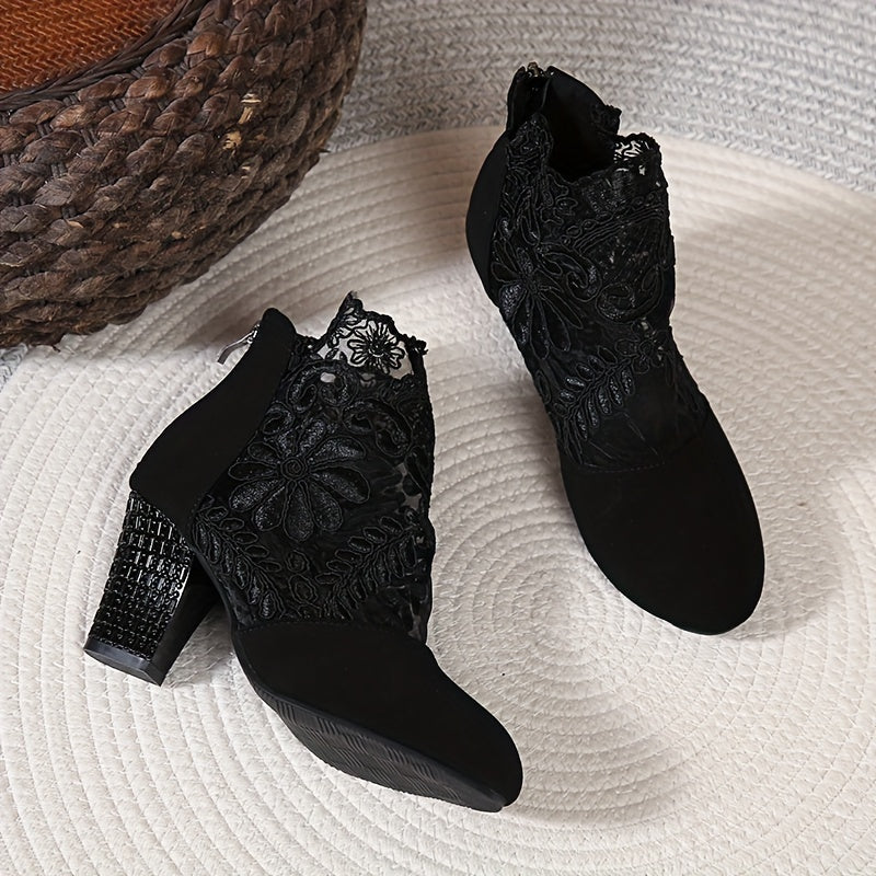 deanwangkt  Women's Flower Pattern Block Heels, Breathable Mesh Back Zipper Heels, Women's Stylish Heels - Deanwangkt