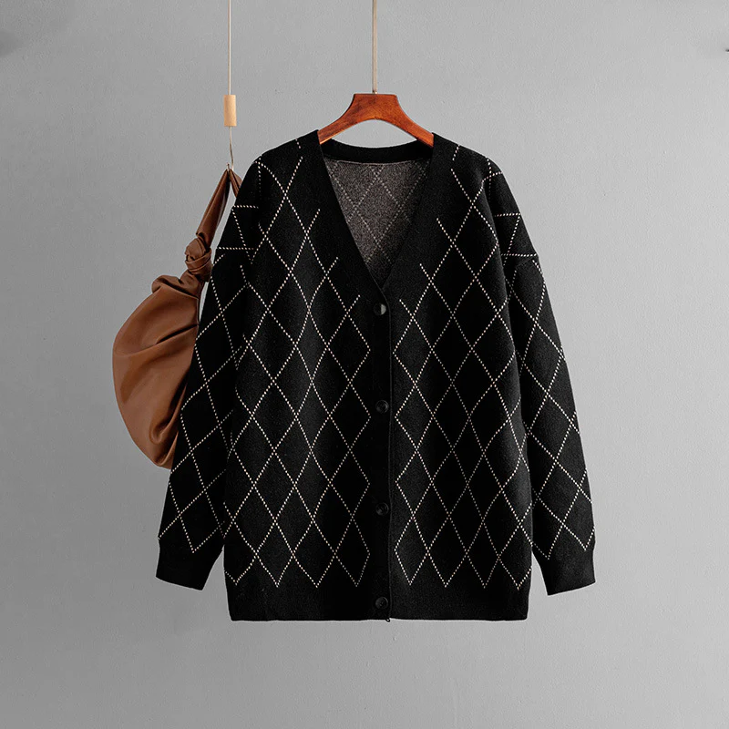 DEANWANGKT 2025 cross-border New autumn and winter new long-sleeved knitted sweater V-neck loose button plaid cardigan jacket - Deanwangkt