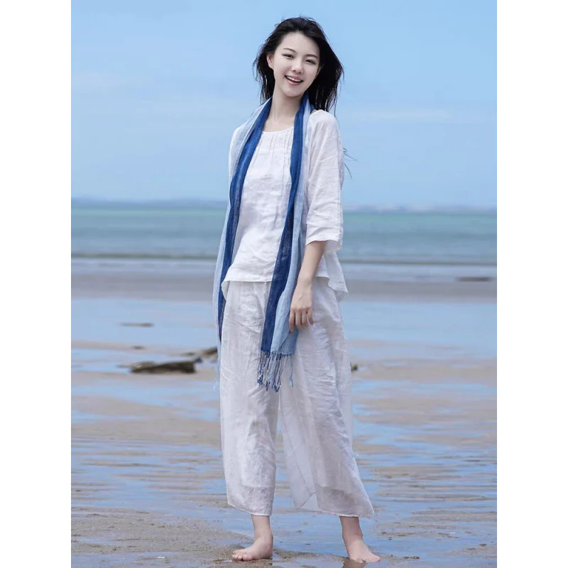 New Chinese top, white linen shirt, women's seven-quarter-sleeved shirt, high-end loose literary and retro simple top, women's - Deanwangkt