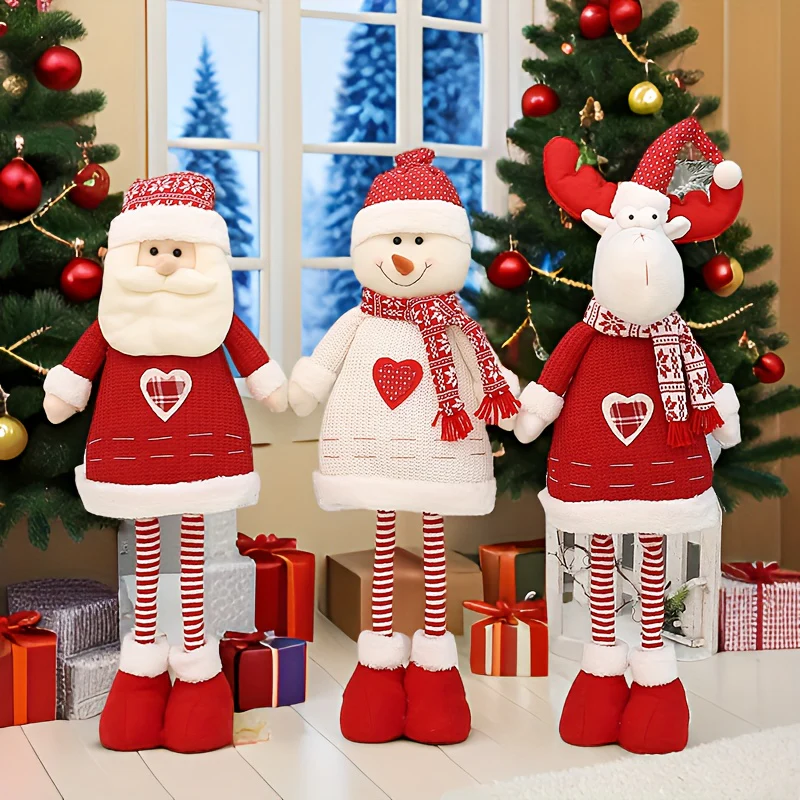 3PCS/Set Christmas Standing Plush Doll, Cute Santa Claus Snowman Elk Figurine Set With Telescopic Legs, Perfect For Festive Season Home Decor, Christmas Gifts - Deanwangkt