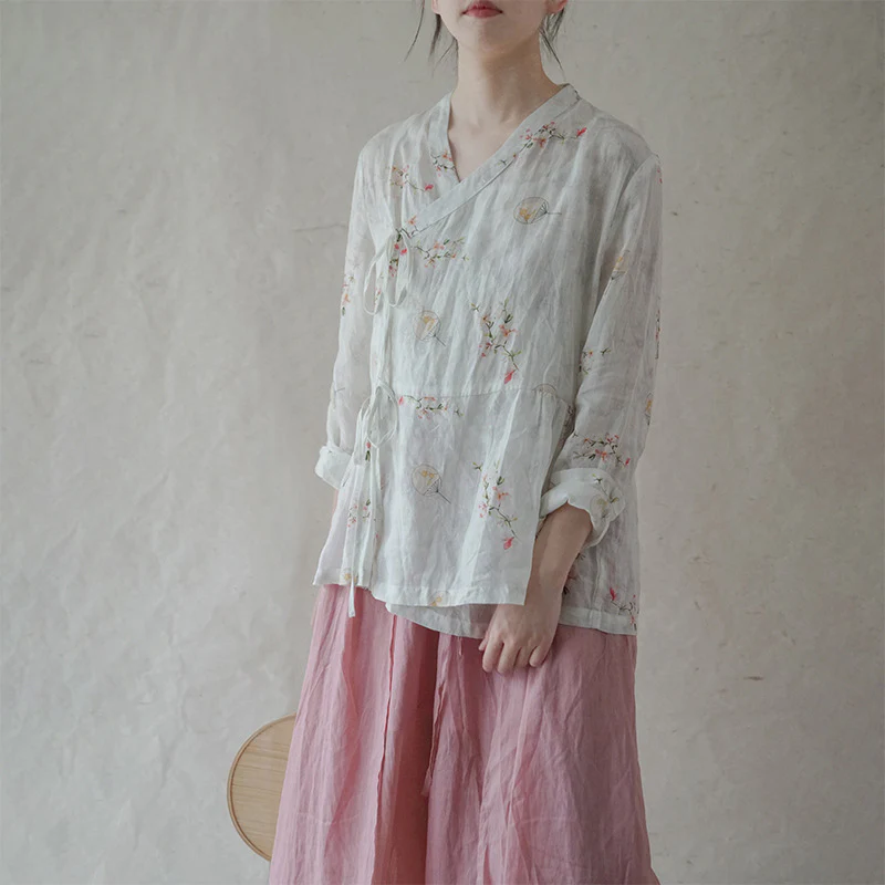 Chinese ramie printed Zen lace-up top, retro Chinese pastoral high-waisted shirt S21040-1 - Deanwangkt