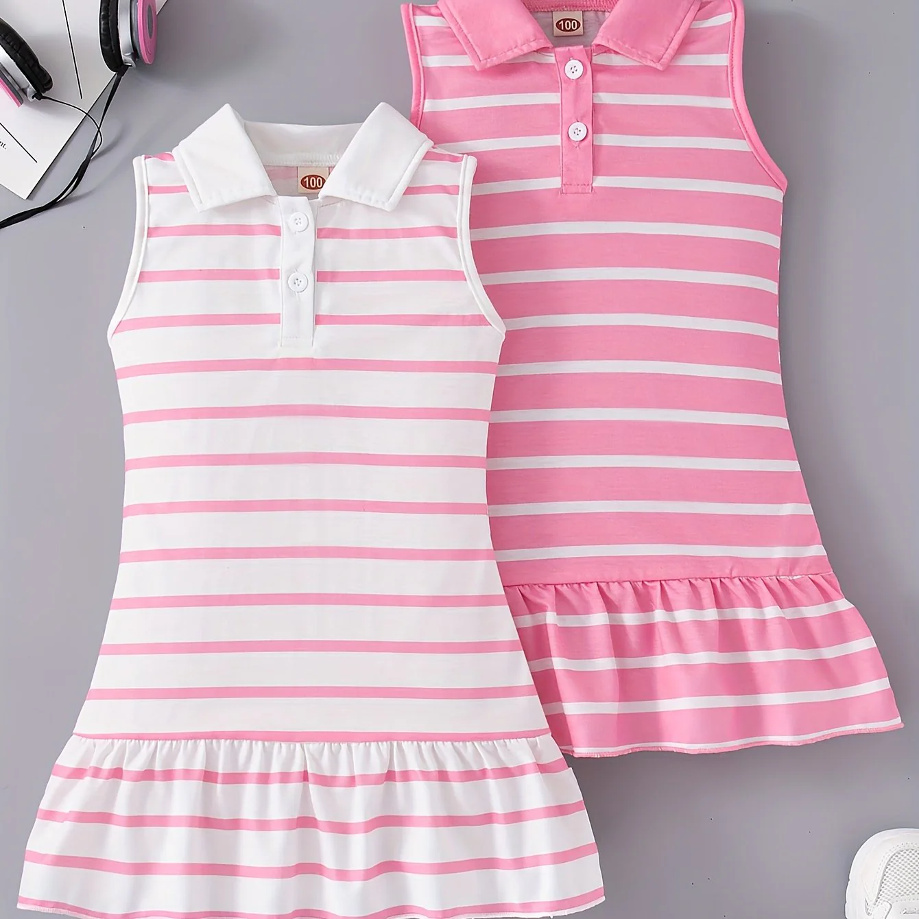2pcs Adorable Striped Fitted Sleeveless Dress for Girls - Lapel Collar, Knee-High Length, Ruffle Hem, Polyester Material, Loose Silhouette, Perfect for Summer Party and Holiday - Casual and Comfortable - Deanwangkt