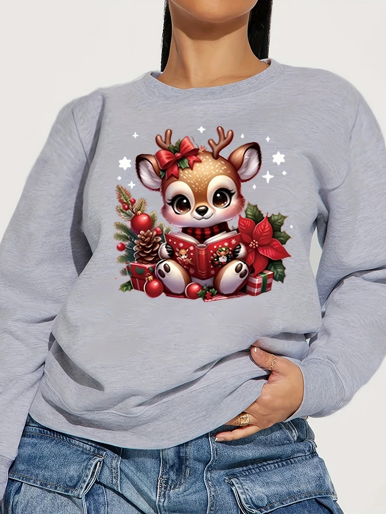 Women's Cozy Christmas Reindeer Sweatshirt - Casual Crew Neck, Long Sleeve Pullover with Festive Print, Machine Washable Polyester Knit Fabric - Deanwangkt