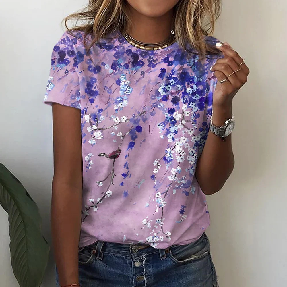 DEANWANGKT  European and American Women's Clothing Summer New Foreign Trade 3D Plant Flower Digital Printed round Neck Short Sleeve Women's T-shirt ME15 - Deanwangkt