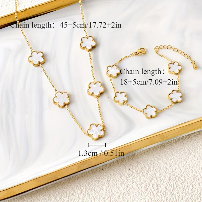 Bracelet & Necklace Chic Jewelry Set 18k Gold Plated Made Of Stainless Steel Luck Flower Design Pick A Color U Prefer Match Daily Outfits Casual Dating Decor - Deanwangkt