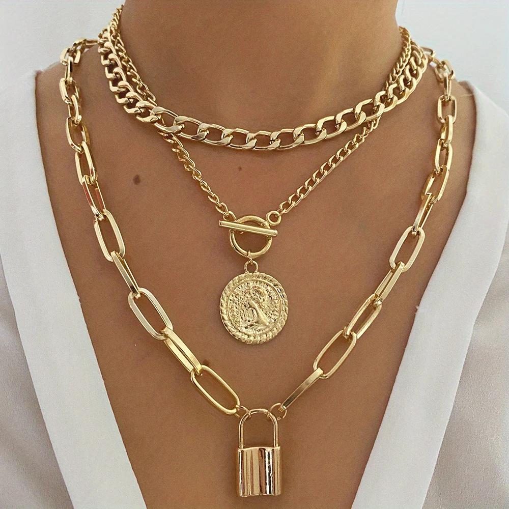 Punk Multilayer Cuban Chain Paperclip Chain Round Shape Portrait Pendant OT Buckle Necklace - Deanwangkt