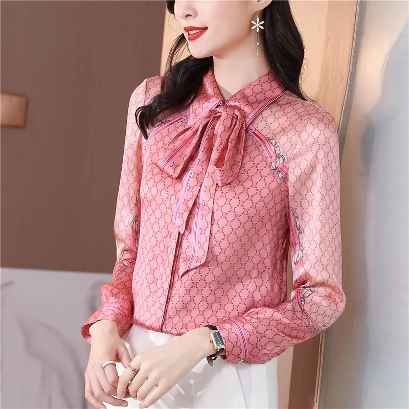 Printed Women Designer Lapel Shirts Silk Black Long Sleeve Elegant Fit Shirt Office Ladies Button Front Casual Satin Blouses Spring Fall Chic Slim Runway Tops - Deanwangkt