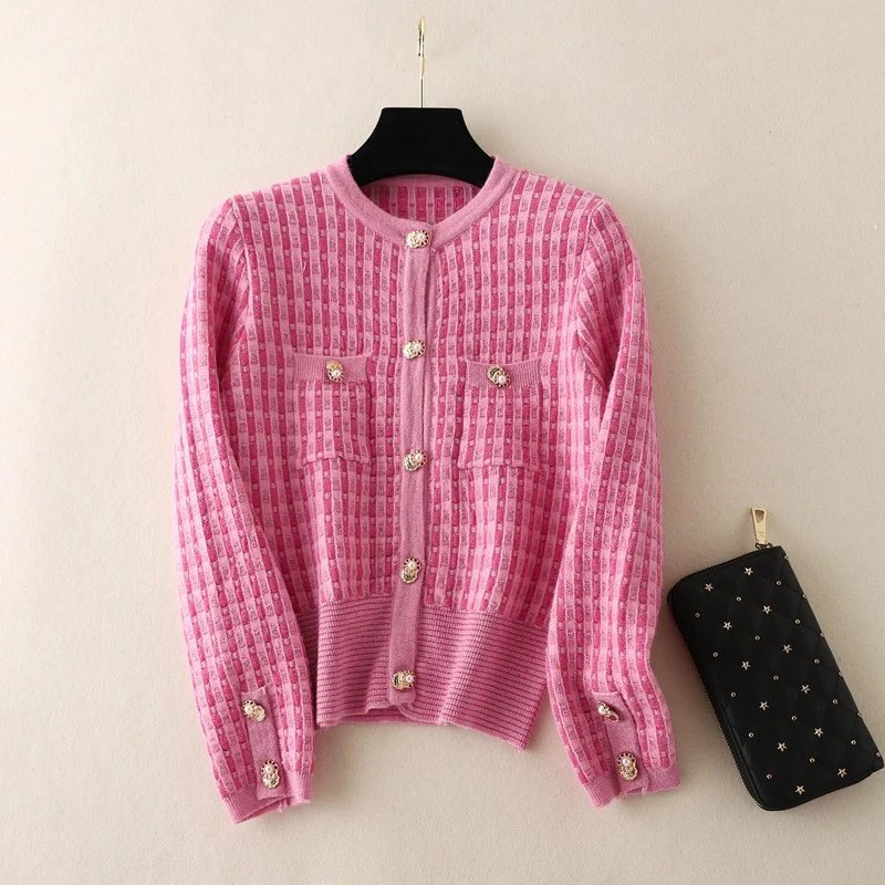 DEANWANGKT Xiaoxiang waist cardigan women's pink plaid temperament crew neck jacket autumn and winter thick sweater pearl buckle top tide - Deanwangkt
