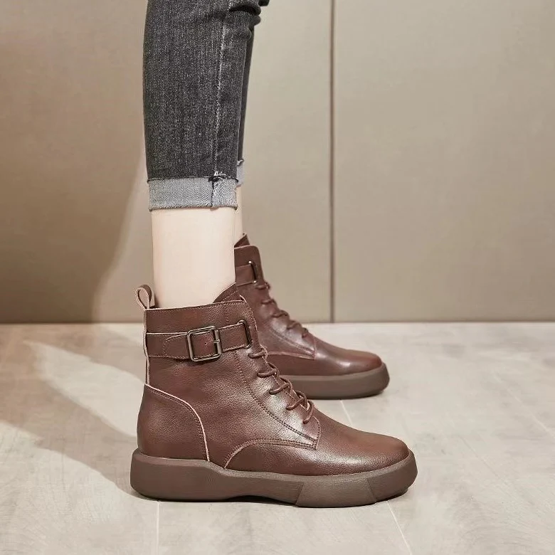 Martin Boots for Women  Autumn and Winter New HOTan and NEWn round Head Thick Bottom Muffin Heel Lace-up Belt Buckle British Style Ankle Boots Women - Deanwangkt