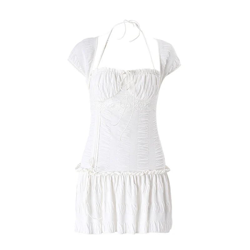 DEANWAQNGKT    Summer Sexy  Style Low-Cut Square Collar Halter Lace-up Design Short Sleeve Pleated Dress Women - Deanwangkt