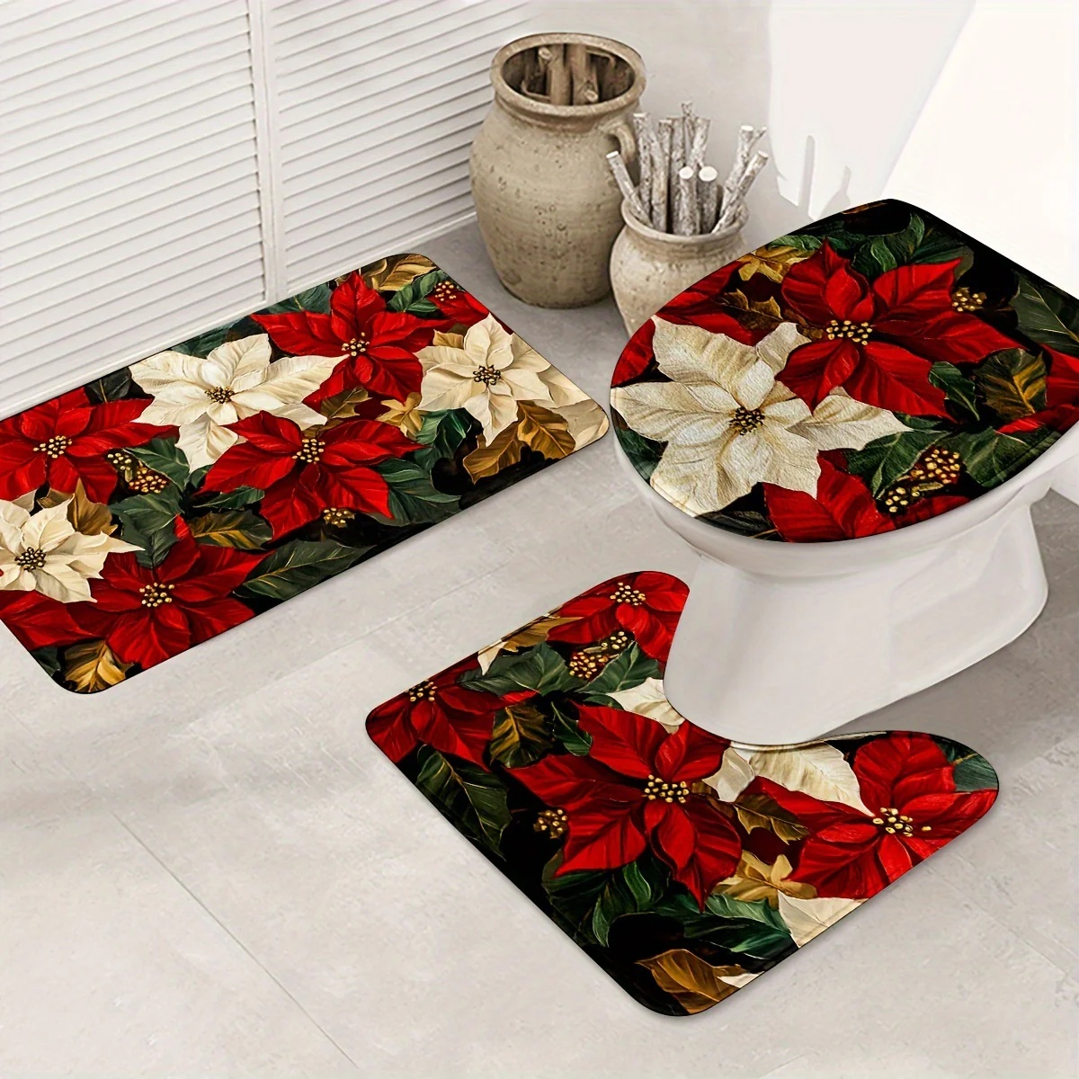 Christmas Floral 3pcs Bathroom Rug Set - Non-Slip, Washable Mats for Kitchen & Bedroom Decor - Includes Bath Mat, Contour Mat, and Toilet Lid Cover - Deanwangkt