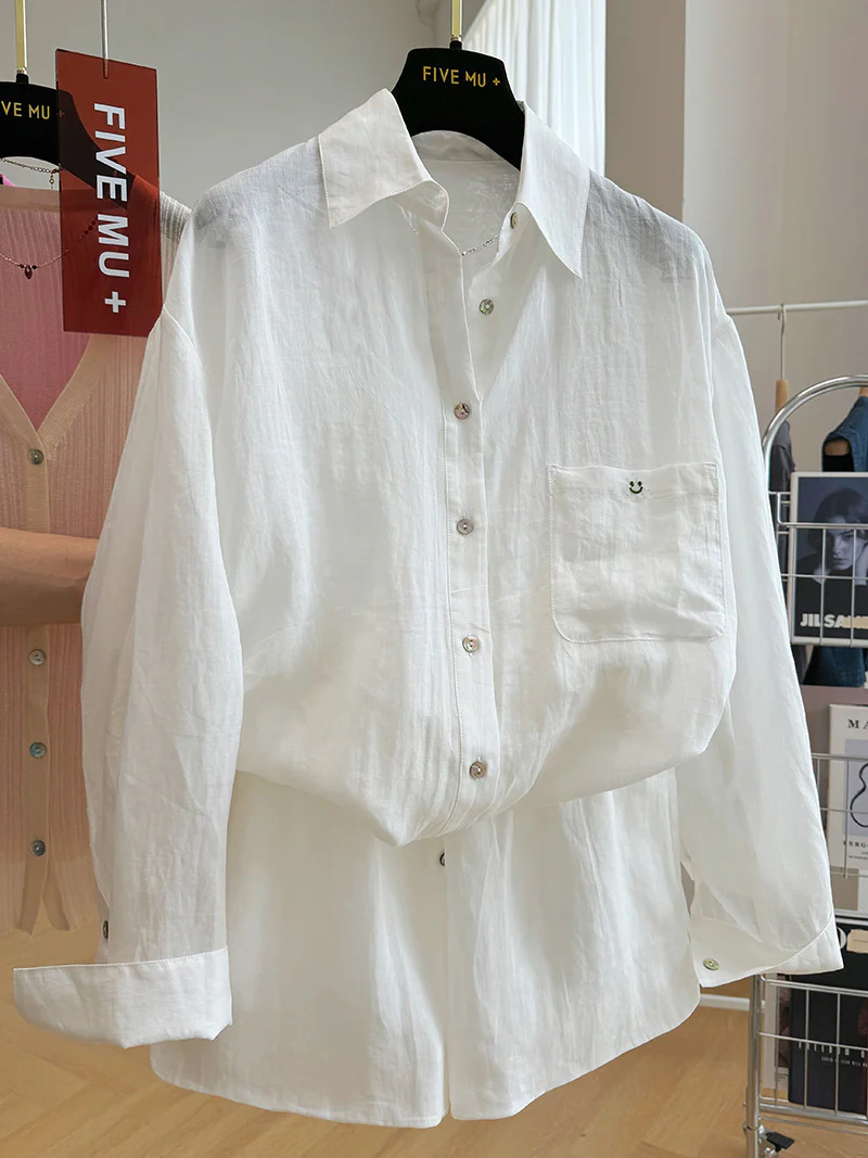 Long-sleeved sunscreen shirt and shorts two-piece temperament  summer clothing new white simple with a complete set of women's thin - Deanwangkt