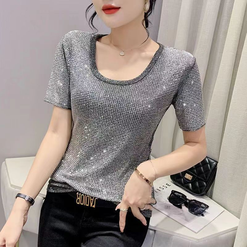 DEANWANGKT  European Goods Fashion Light Diamond off-Shoulder Short Sleeve T-shirt Female  Summer New Outdoor Western Style Slimming Top Shirt - Deanwangkt