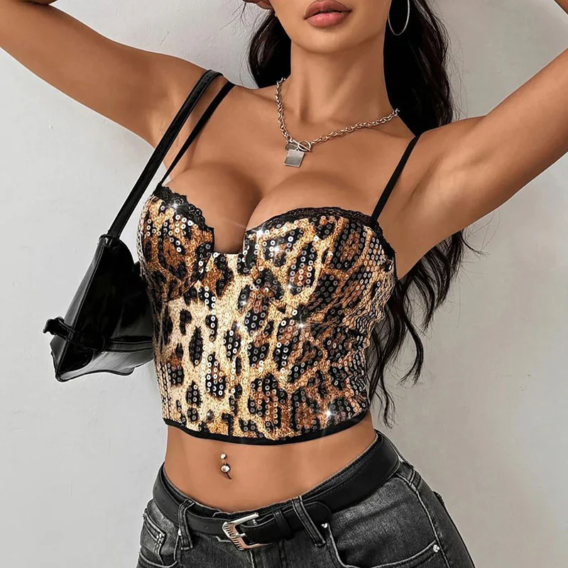 MOMENTLOVER autumn and winter new women's clothing Spice Girl style personalized sequins sexy lace leopard print suspender small vest women - Deanwangkt