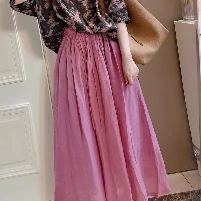 summer new literary and retro national style elastic waist cotton and linen loose yoga double-layer elegant fairy skirt - Deanwangkt