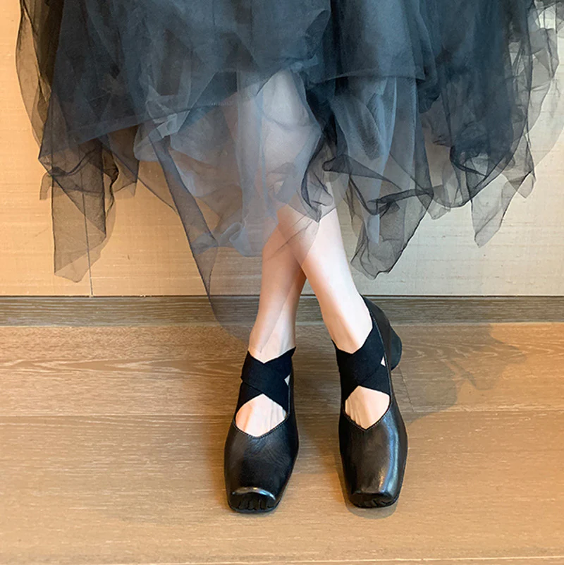 DEANWANGKT  Genuine Leather Mary Jane Pumps Autumn and Winter Retro Cross Belt Square Toe Comfortable Chunky Heel High Heel Pig Nose Ballet Shoes - Deanwangkt