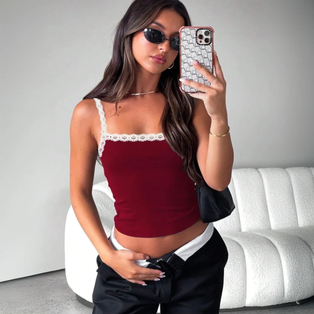 spring and summer new international station New women's clothing versatile  style sling vest lace lace short top - Deanwangkt