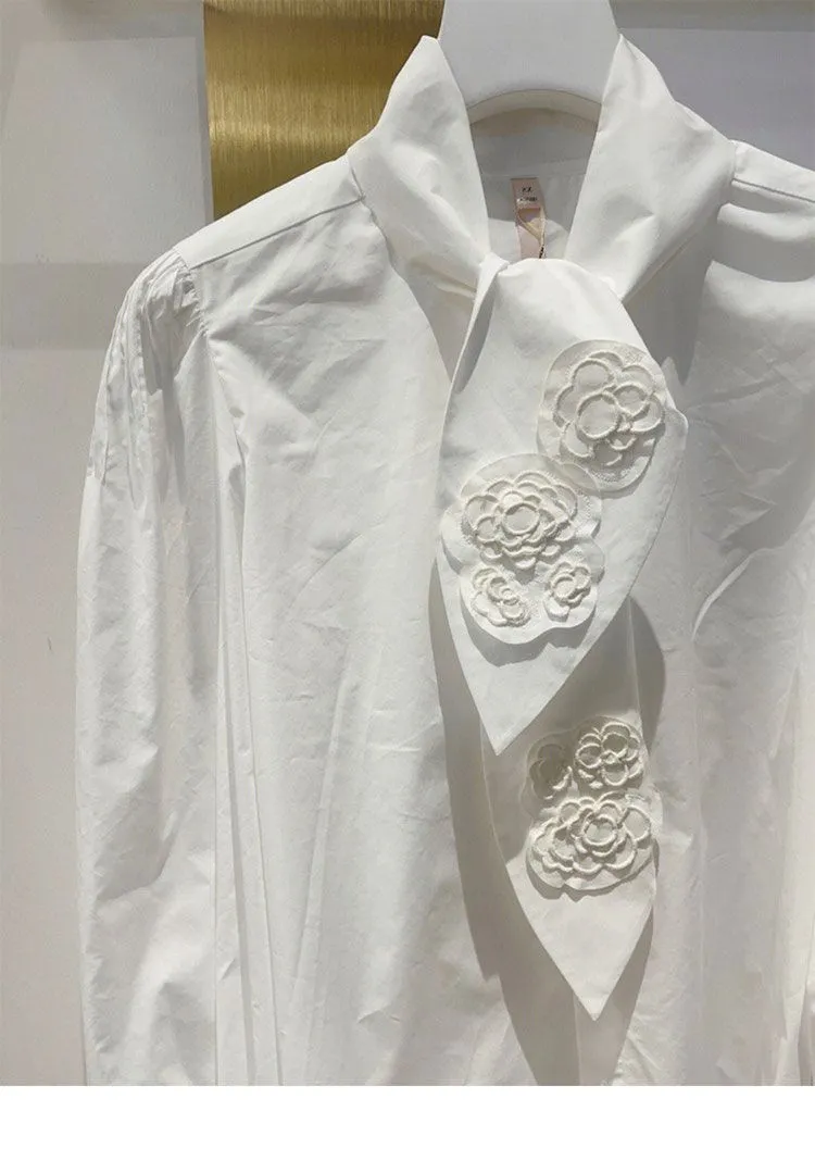 Women's tie collar 3D flower embroidery long sleeve white blouse shirt SMLXLXXL - Deanwangkt