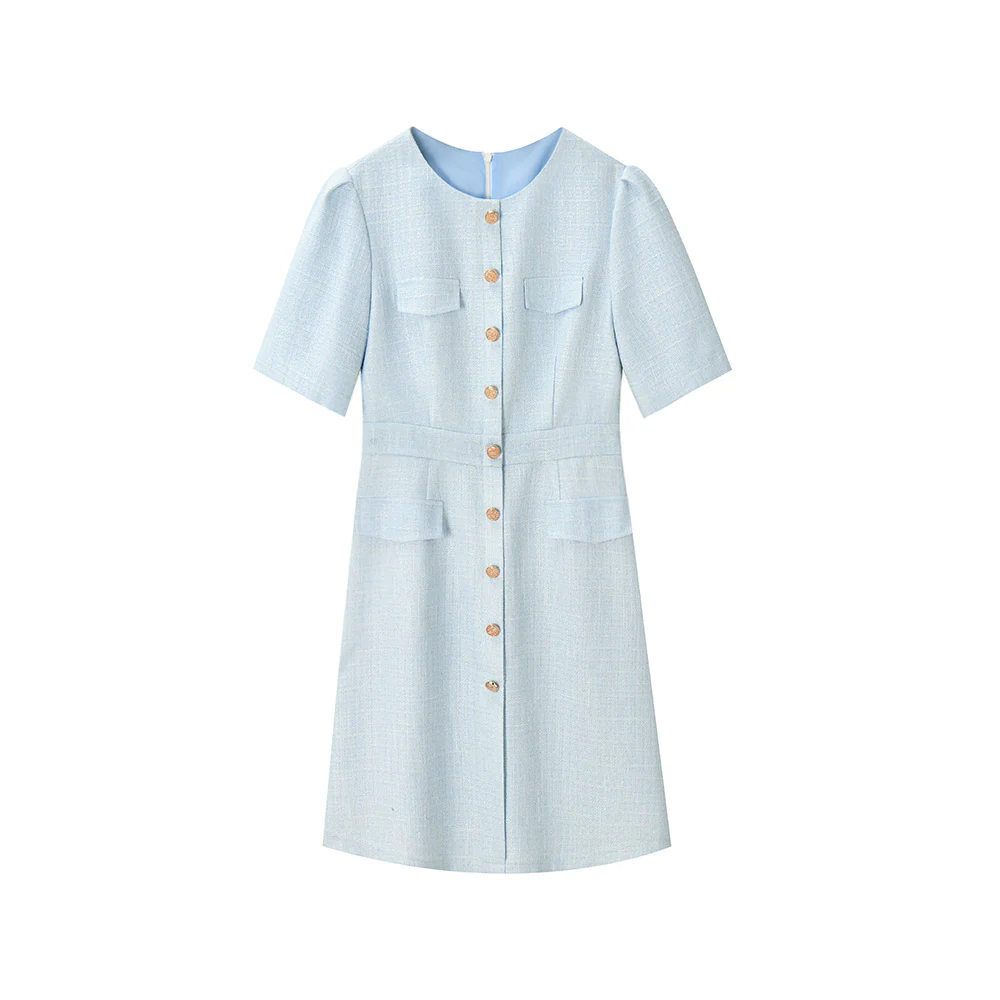 [Shengdu] 24 Spring and Summer New  Socialite Gentle Advanced Sweet Beauty Blue Classic Style Short Sleeve Dress - Deanwangkt