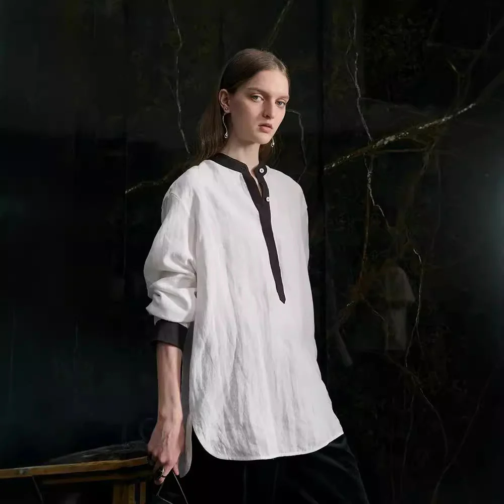 Natural linen top white shirt, summer and autumn style, contrasting edge design stand-up collar loose V-neck shirt B0827 - Deanwangkt