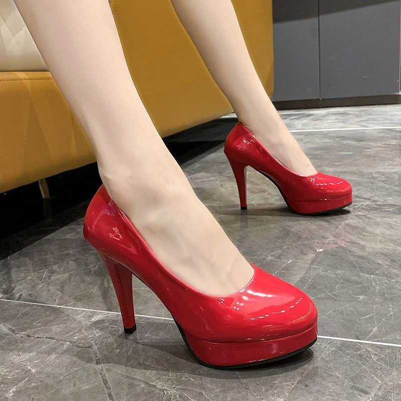 DEANWANGK  Foreign Trade New High Heel Fashion Women's Shoes Waterproof Platform Stiletto Pumps Patent Leather round Toe Large Size Women's Work Shoes Wholesale - Deanwangkt