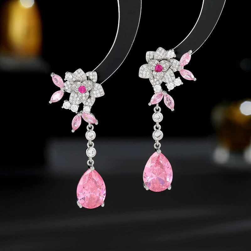 2025 S925 silver needle light luxury earrings wholesale tide high sense flower zircon camellia long fringed water drop earrings - Deanwangkt
