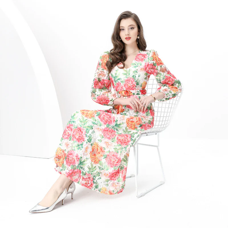 Popular, ,  New women's clothing retro style lace V-neck lantern sleeve wavy edge long printed dress - Deanwangkt