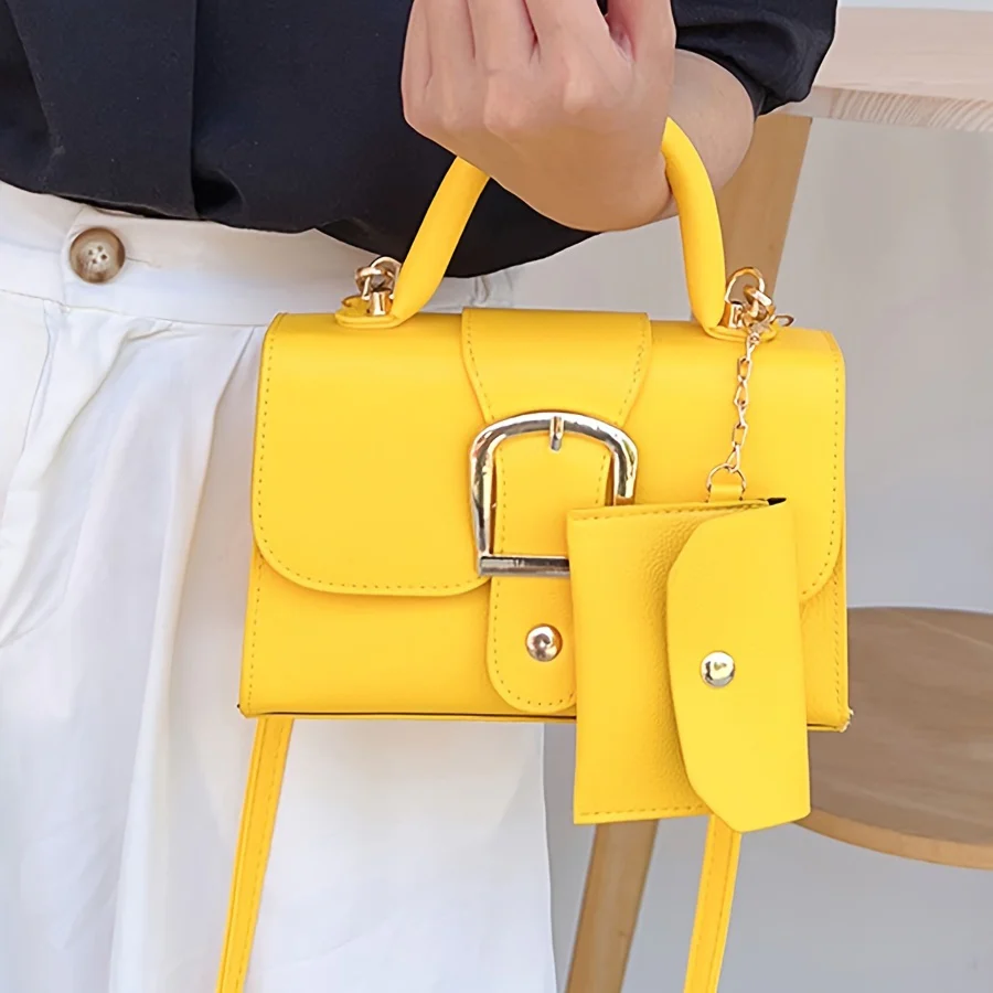 Mini Square PU Leather Crossbody Shoulder Bag - Buckle Closure, Solid Color, Unlined, Retro Trendy Chic Design with Mini Card Holder - Stylish and Compact Top-Handle Purse for Women - Deanwangkt