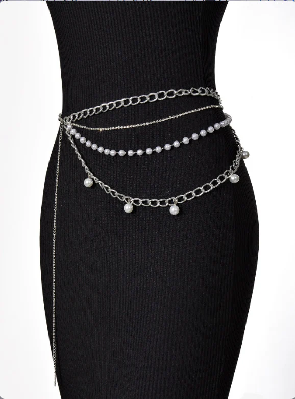 2025  3234 hot-selling new diamond chain pearl chain metal chain side pendulum chain multi-layer combination fashionable versatile waist chain body chain - Deanwangkt