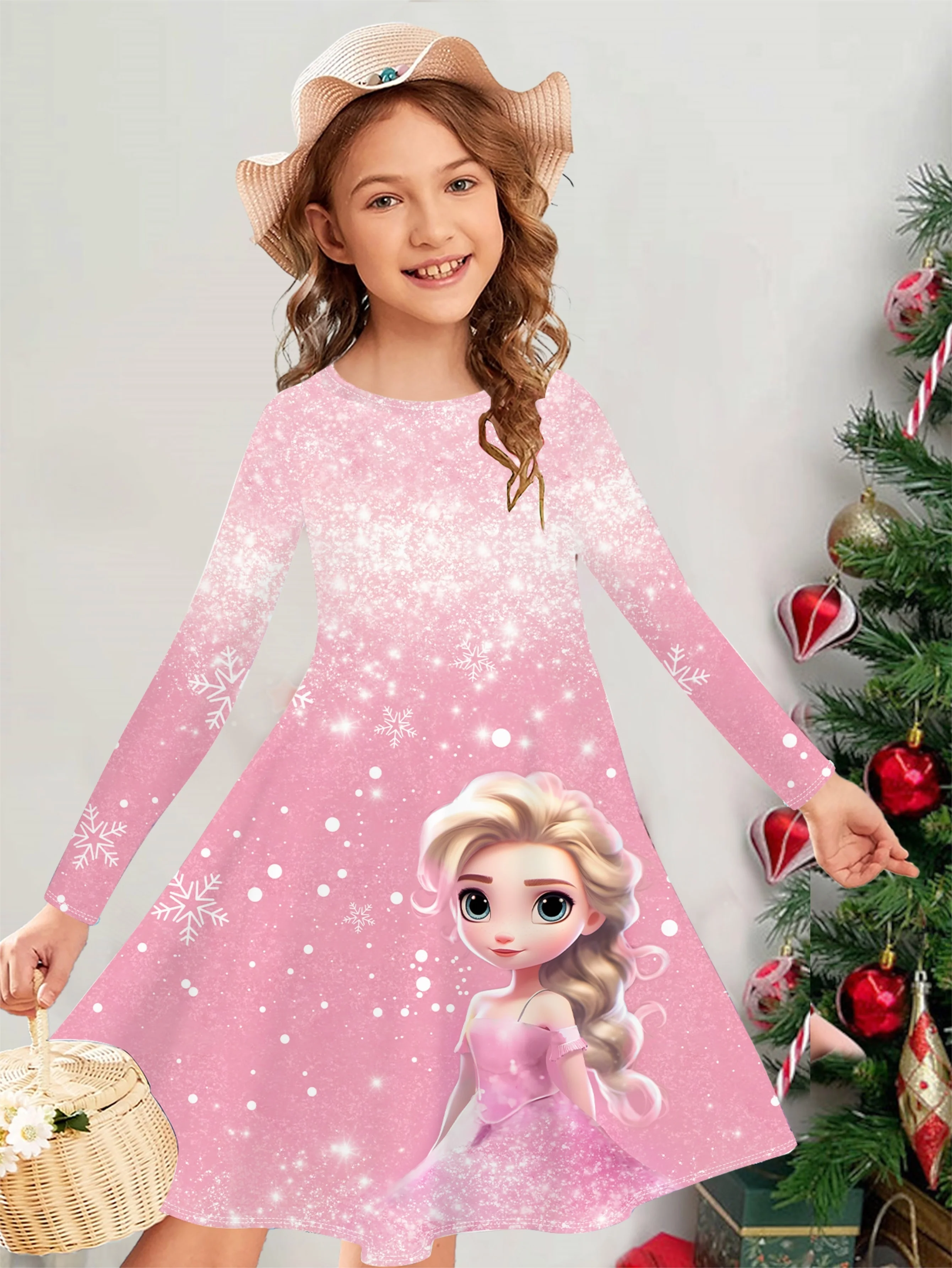 Girls' Long Sleeve Christmas Dress, 3D Princess Print, Knit Fabric, Polyester, Regular Fit, Casual Style, Autumn/Winter, Stretchy, Cartoon Pattern, Kids Fashion - Deanwangkt