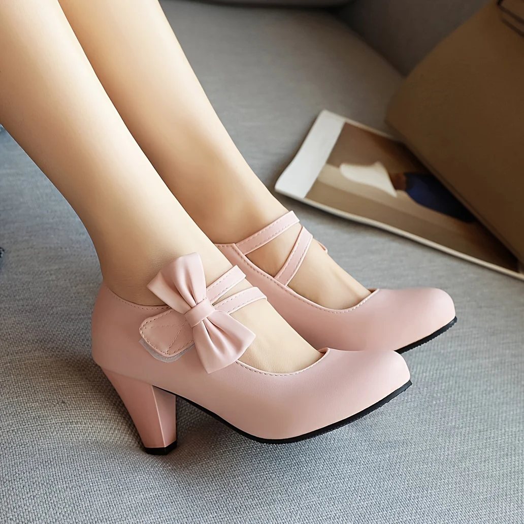 deanwangkt  Chic Kitten Heels with Round Toe & Bowknot Ankle Strap - Comfortable PU Leather Pumps for Work & Fashionable Dance - Elegant Women's Dress Shoes - Deanwangkt