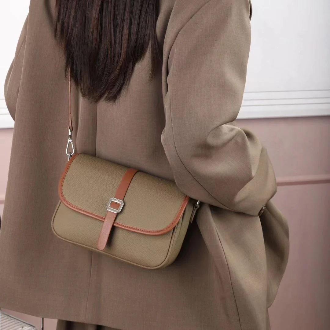 New leather women's bag first layer cowhide TOGO leather contrasting color messenger bag women's small square bag casual versatile bag cover 602 - Deanwangkt