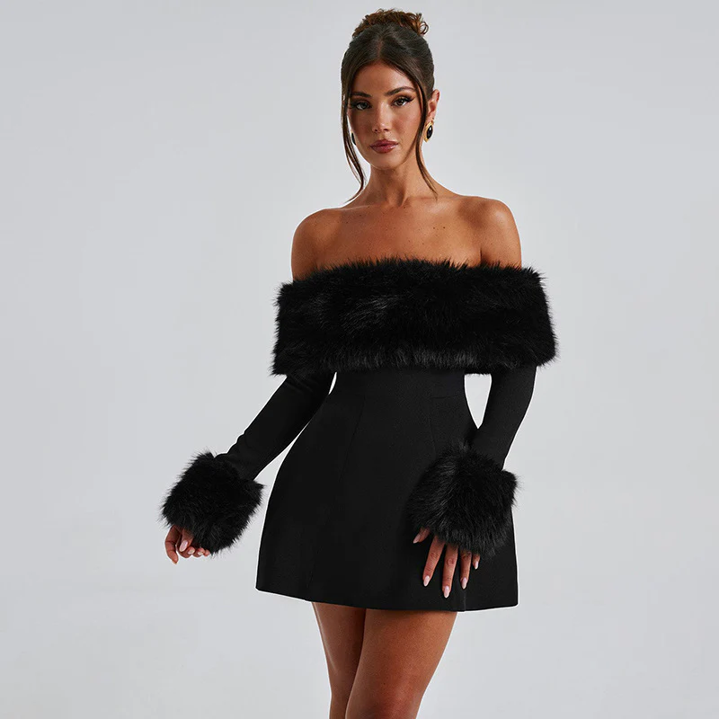 2025 DEANWANGKT  autumn and winter new  women's clothing high-end sense fur collar sexy one-word shoulder long sleeves slim and thin A-shaped skirt women - Deanwangkt