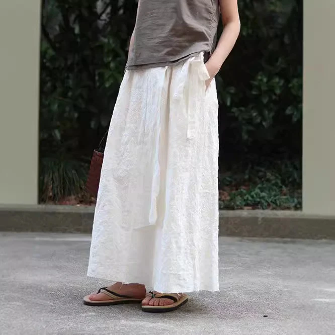 Shan Zizai white linen embroidered skirt for women, waist staggered irregular rough edge side tether skirt 70621 - Deanwangkt