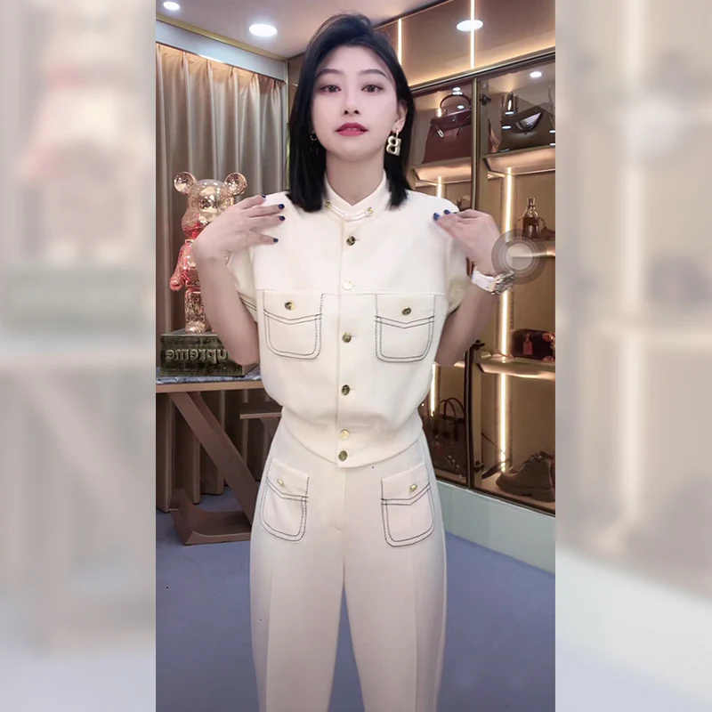 DEANWANGKT  Summer High-Grade Classic Style Graceful and Fashionable Western Style Small Shirt Top Casual Trousers Two-Piece Suit for Women - Deanwangkt