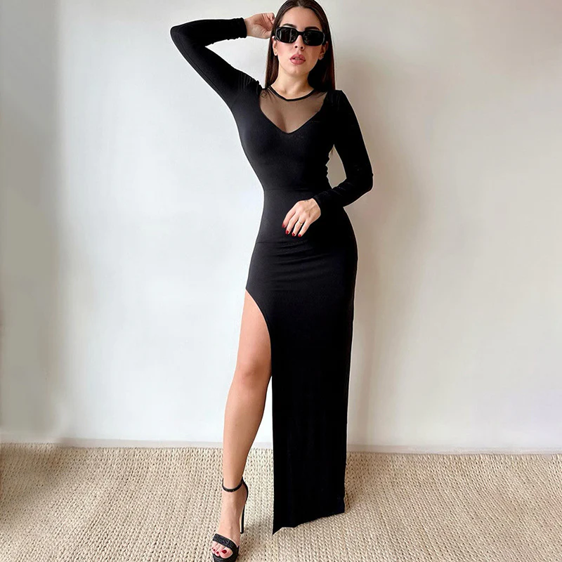 2025 Q23DS690  women's clothing winter new solid color casual splicing mesh long sleeve slim slit long dress - Deanwangkt