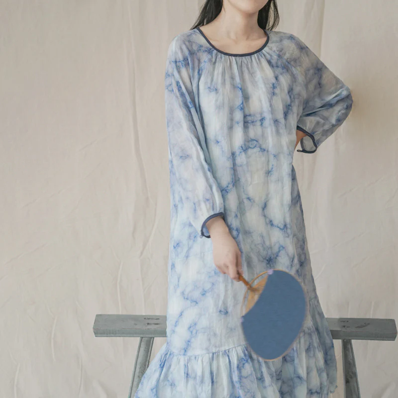 design literary and artistic smudged ramie fishtail dress, retro niche lace-up atmosphere long dress L22187 - Deanwangkt