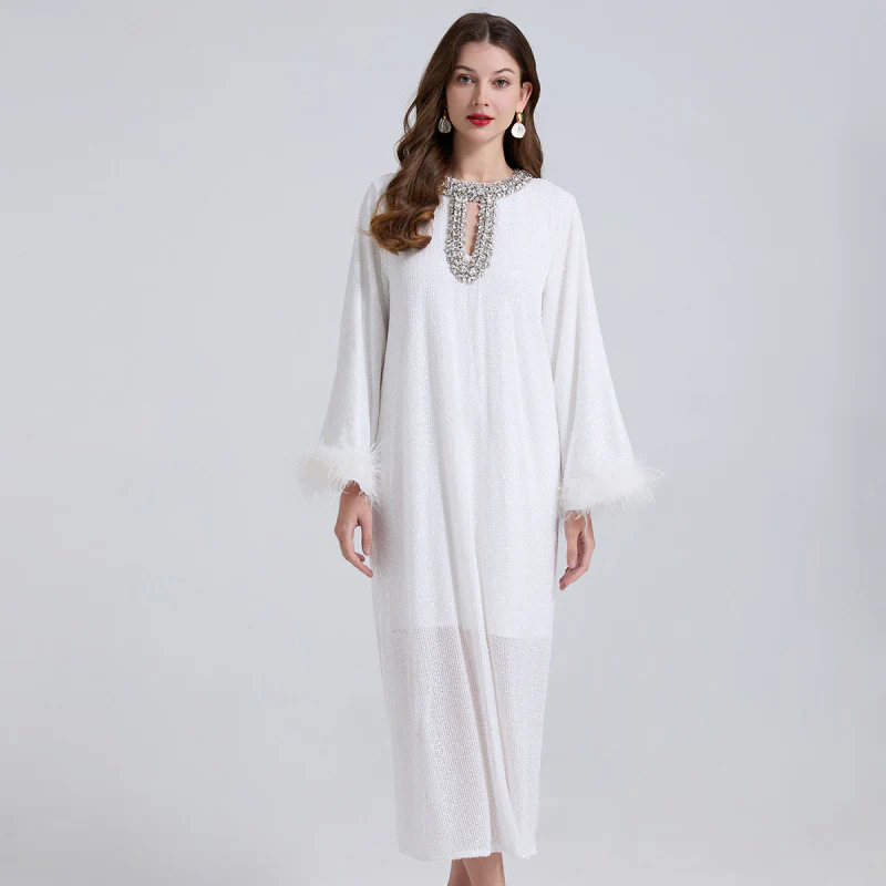 style straight long skirt heavy industry bead-encrusted ostrich hair sleeve pleated skirt loose and thin light luxury age dress - Deanwangkt