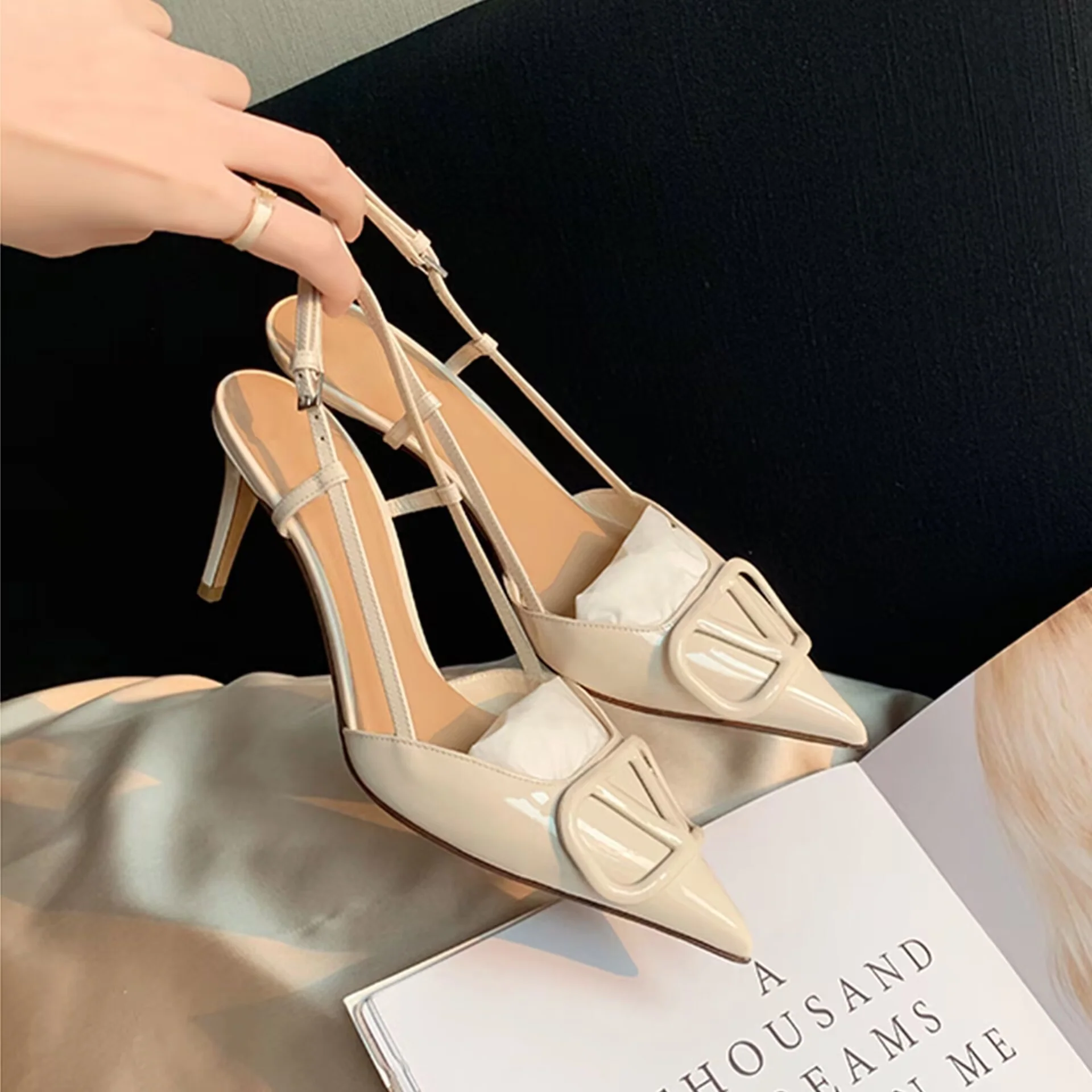 DEANWANGK  Grape Mom Studiolee  New Summer Pointed Toe Pumps V Buckle High Heel Back Empty Stiletto Sandals Women - Deanwangkt