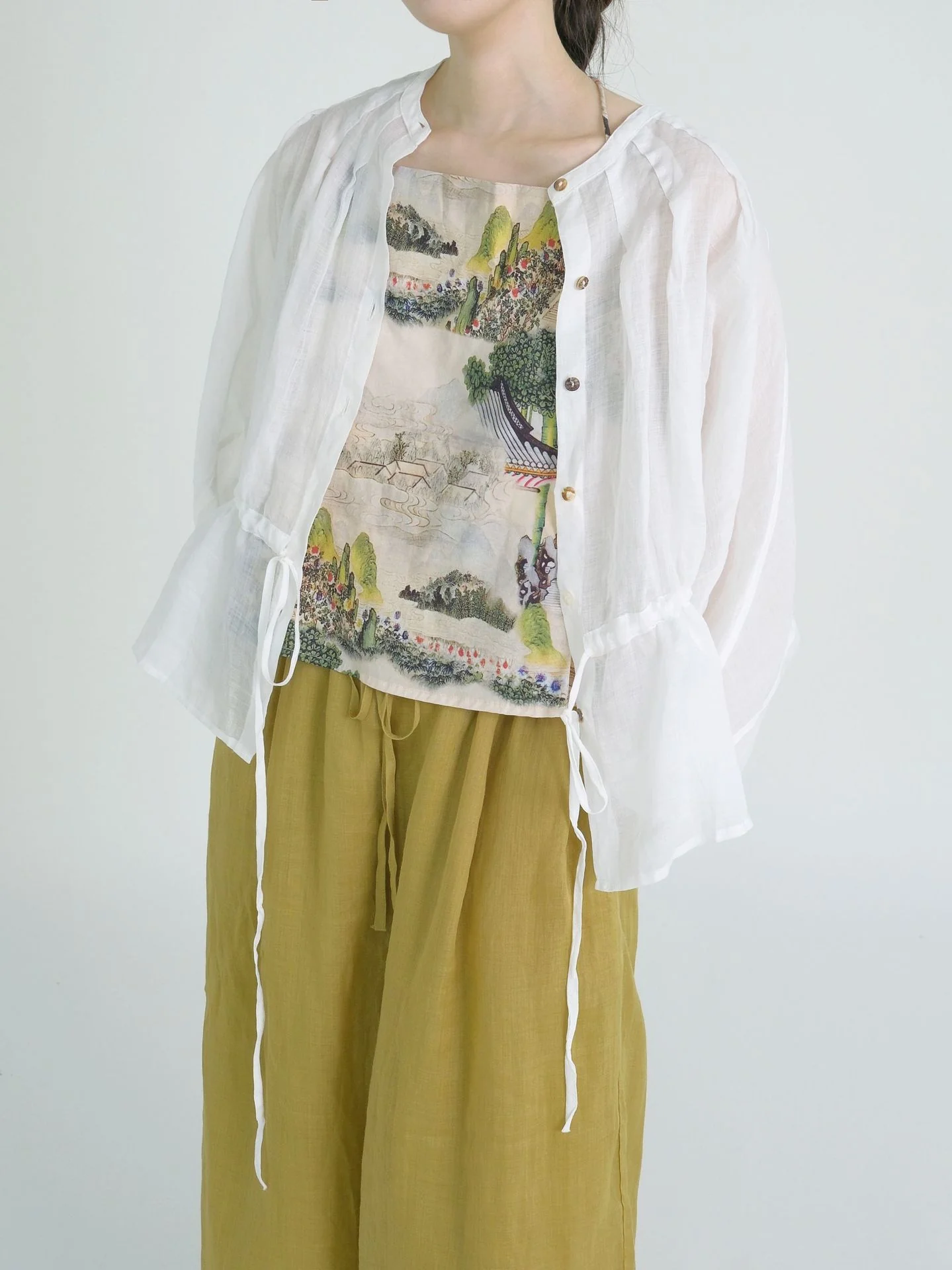 Literary casual bat-sleeved loose ramie shirt, versatile commuter transparent shawl sunshade top W23111 - Deanwangkt
