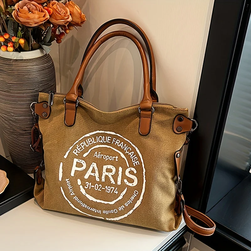 1pc Stylish Vintage Canvas Tote Bag - Spacious, Durable, and Elegant Shoulder Crossbody Bag with Removable Strap, Zipper Closure, and Positioning Printing - Perfect for Work, School, and Daily Use - Deanwangkt
