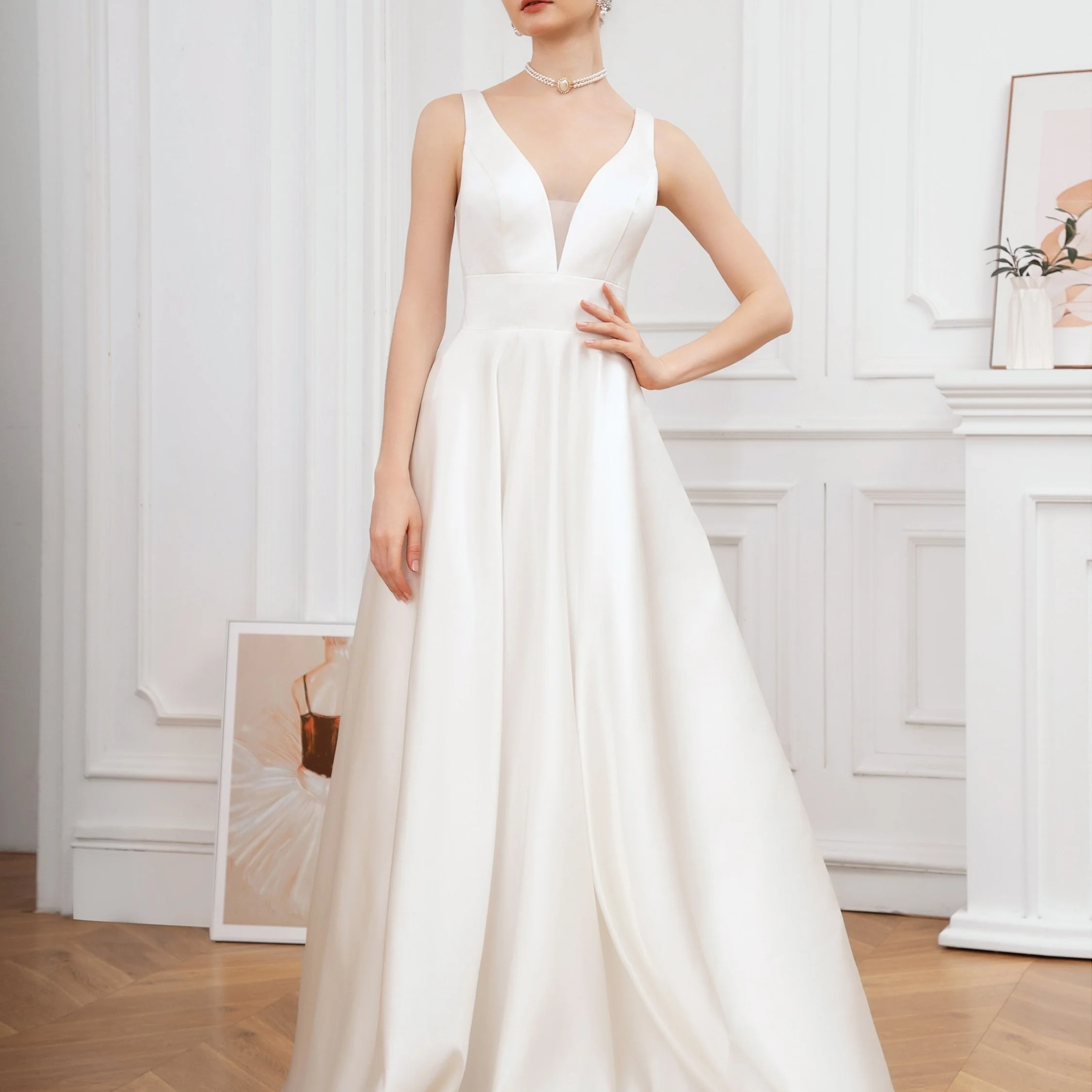 Elegant V-Neck Wedding Dress - Stylish Sleeveless, Flattering A-line, Floor-Sweeping Length, Exquisite Formal Style, Chic V-Neckline - Perfect for Wedding Party Occasions, Designed for Womens Special Moments - Deanwangkt