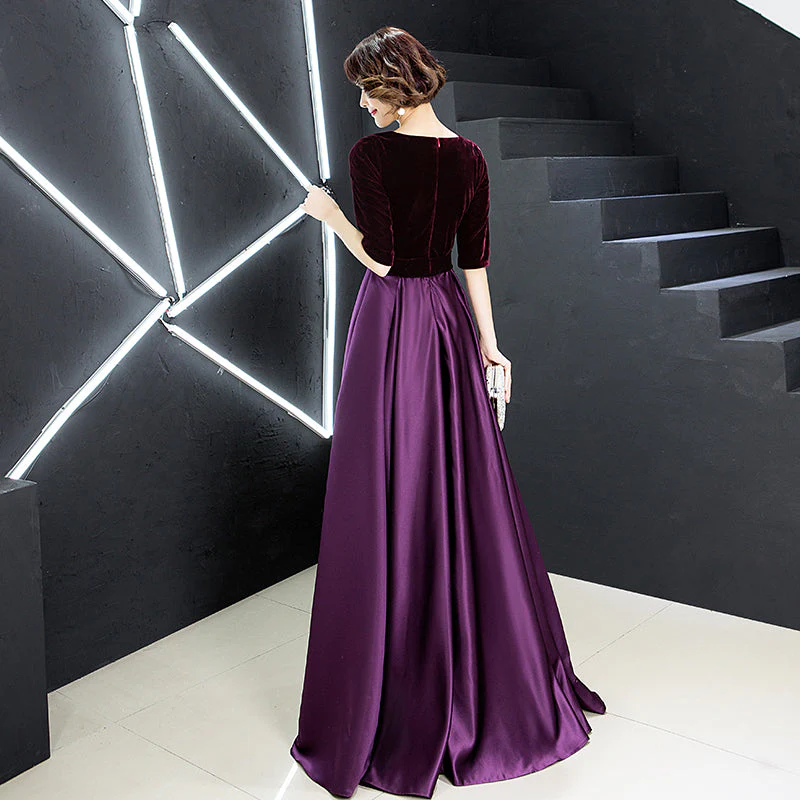 Solvbao Elegant V-neckline Velvet Top Long Bridesmaid Dresses, A-line Short Sleeves Prom Dresses - Deanwangkt