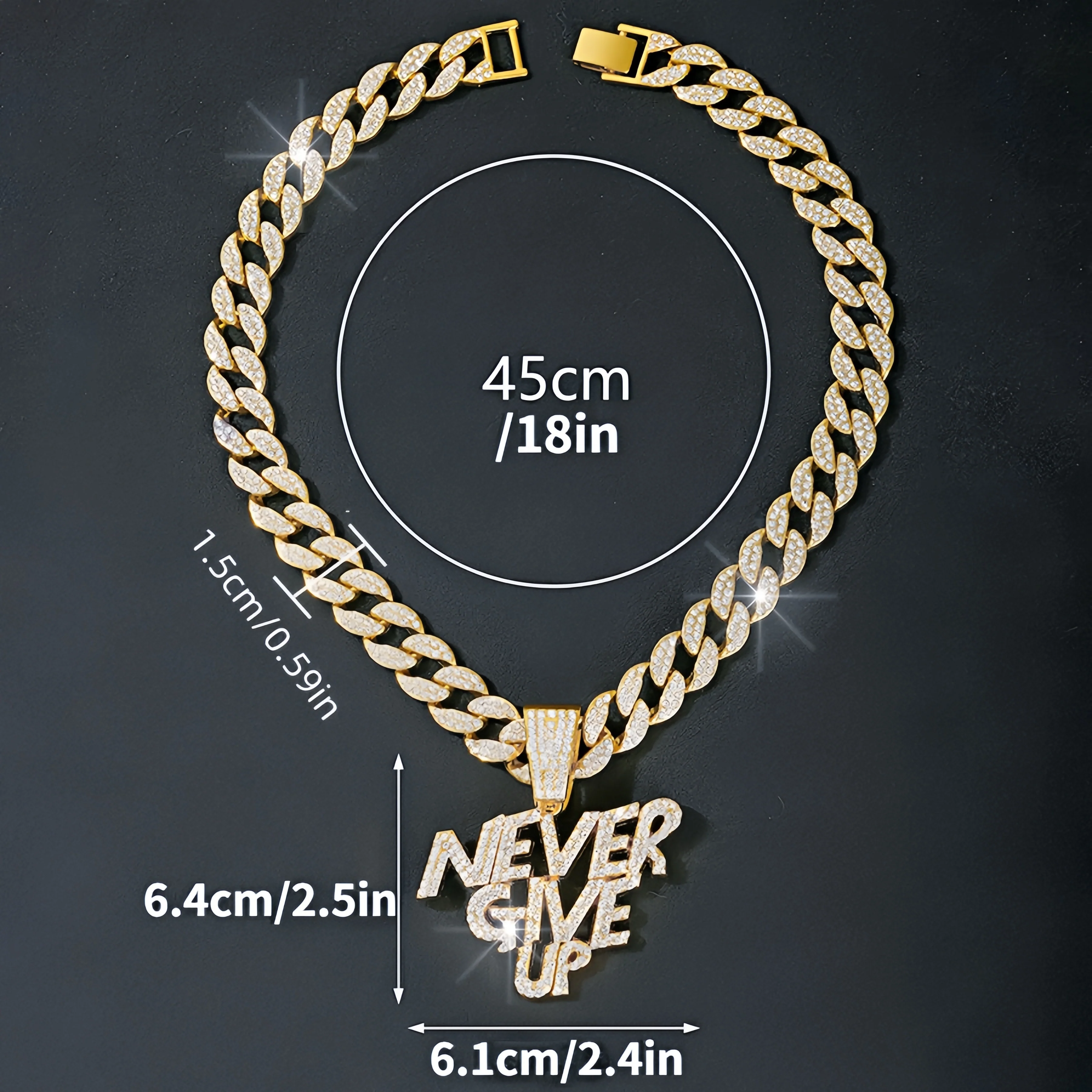 Never give up pendant hip hop Cuban chain necklace, chain length 18in wide 0.59in, gift box - Deanwangkt