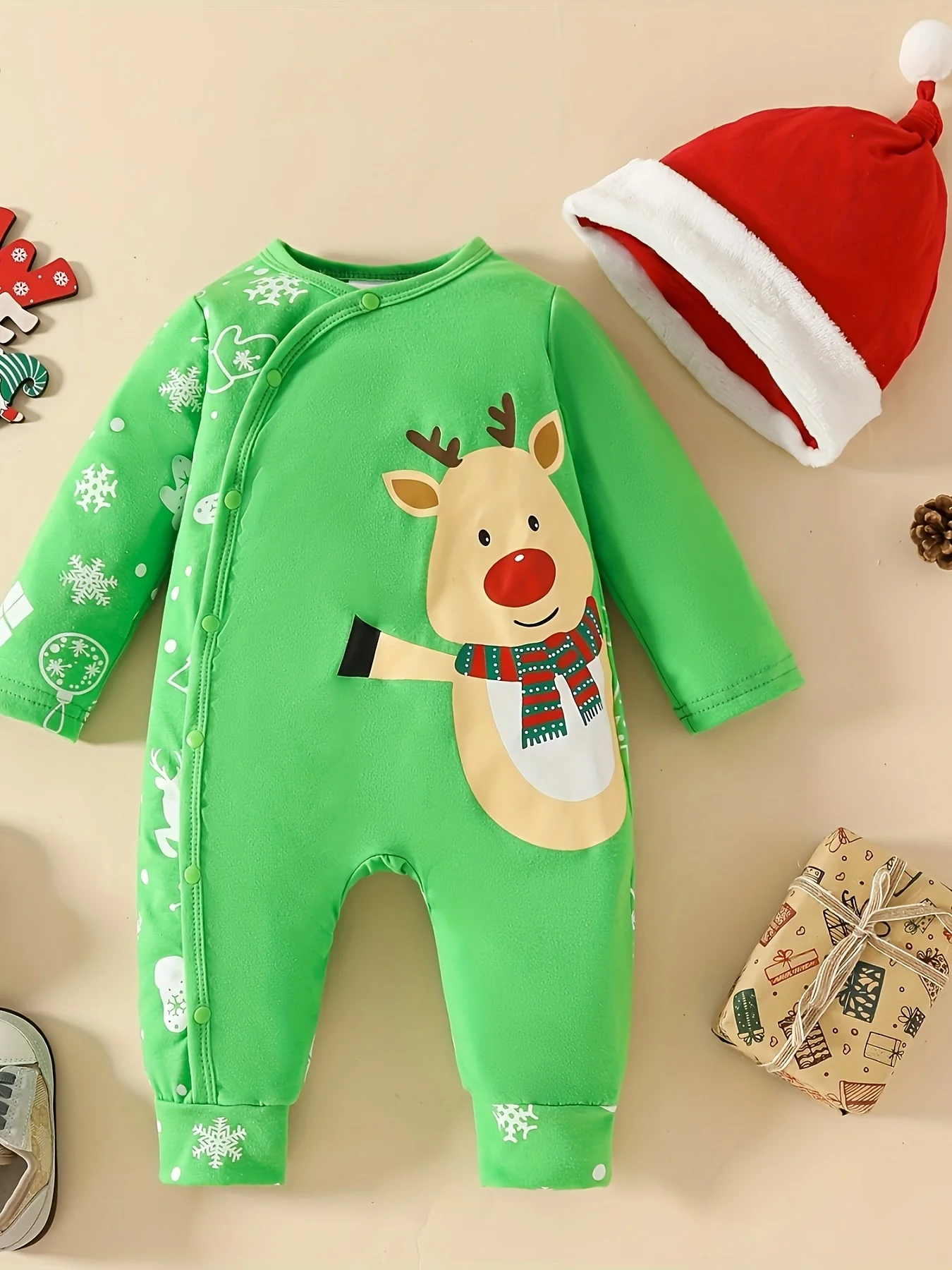 2pcs Baby Deep Red Christmas Cute Deer Print Gift Long Sleeve Bodysuit + Furry Hat 0-1 Years Old Girls Christmas Costume Clothes Behind Winter Snowflake Print Love Gifts From Mom Dad For Kids, Suitable For Indoor And Outdoor Wear - Deanwangkt