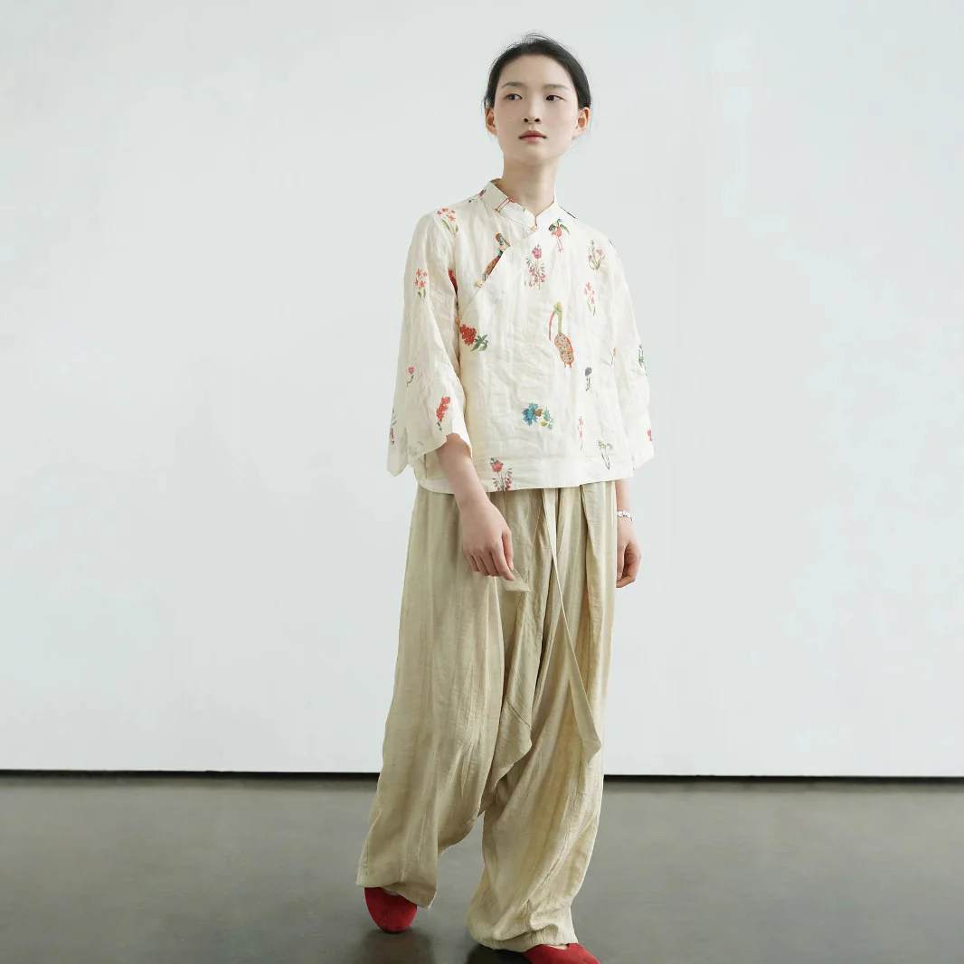 Original tea room new Chinese stand-up collar ramie top, Guochao wide-sleeved digital printed sunshade shirt S25155 - Deanwangkt