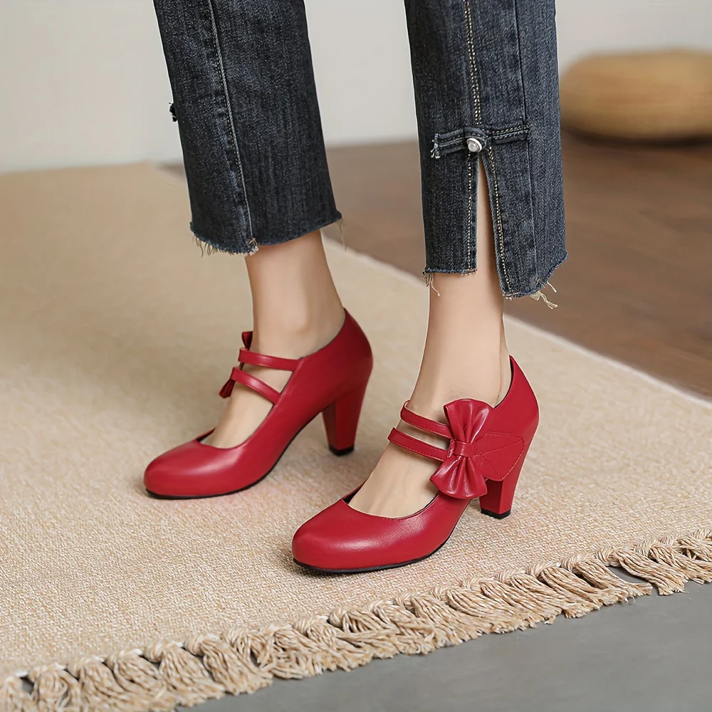deanwangkt  Chic Kitten Heels with Round Toe & Bowknot Ankle Strap - Comfortable PU Leather Pumps for Work & Fashionable Dance - Elegant Women's Dress Shoes - Deanwangkt