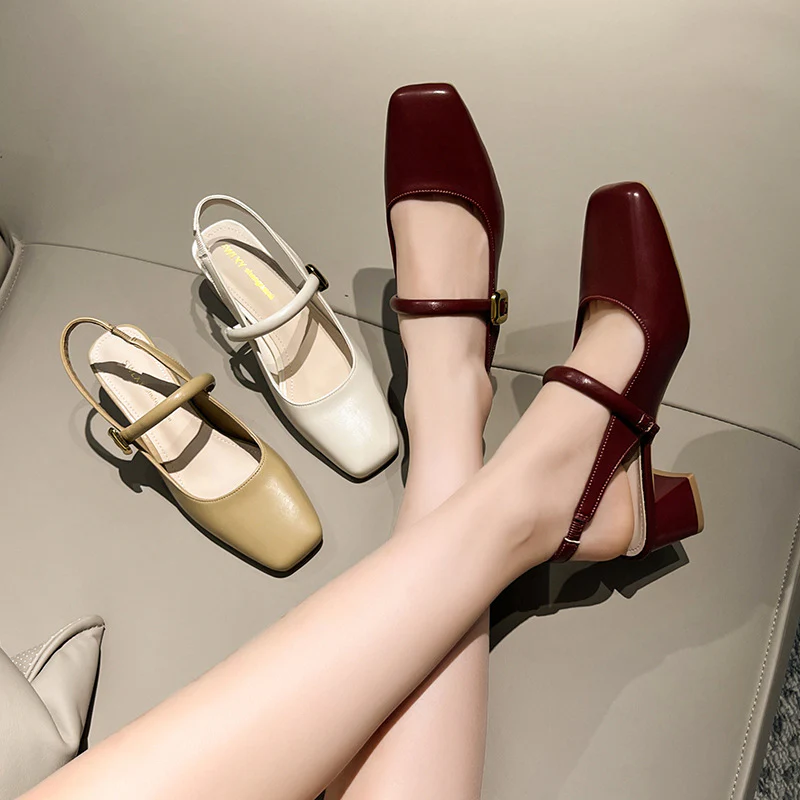 DEANWANGK  Chunky Heel Closed Toe Sandals Women's  New Style Back Empty Buckle High Heel Women's Sandals Square Toe Low-Cut Mary Jane Shoes - Deanwangkt