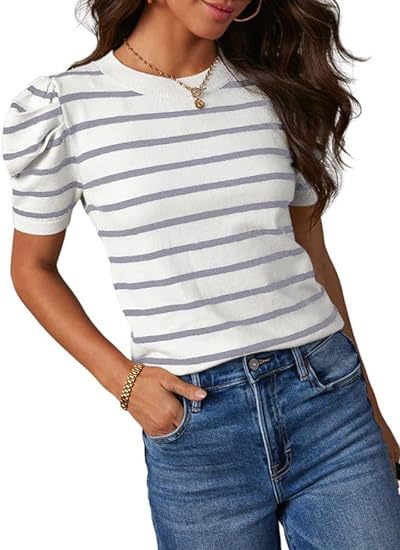 DEANWANGKT  Spring and Summer New Women's Clothing European and American Style Striped Pullover round Neck Puff Sleeve T-shirt - Deanwangkt